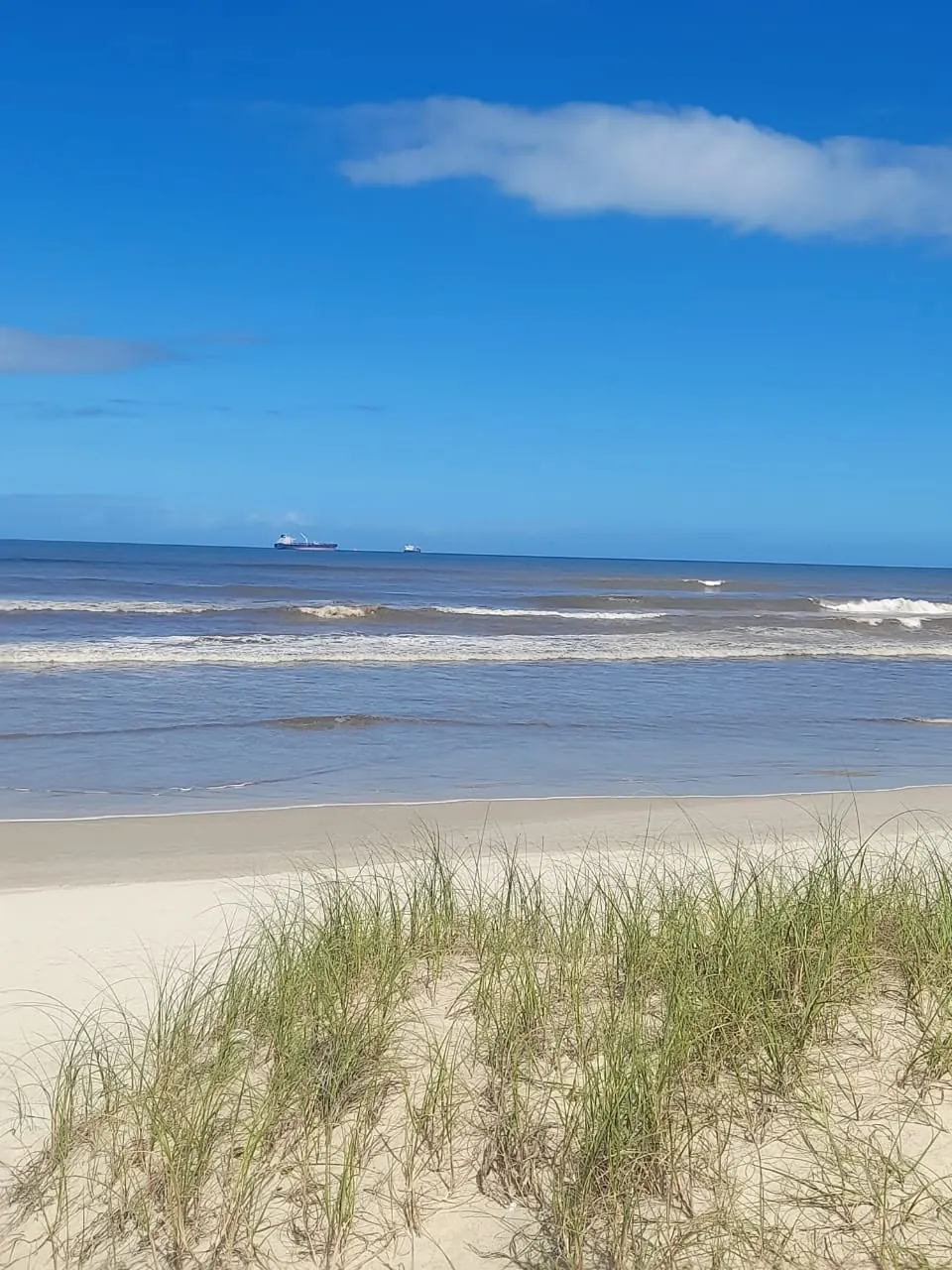 Praia de Tramandaí com dunas, vegetação de restinga e ondas sob céu azul